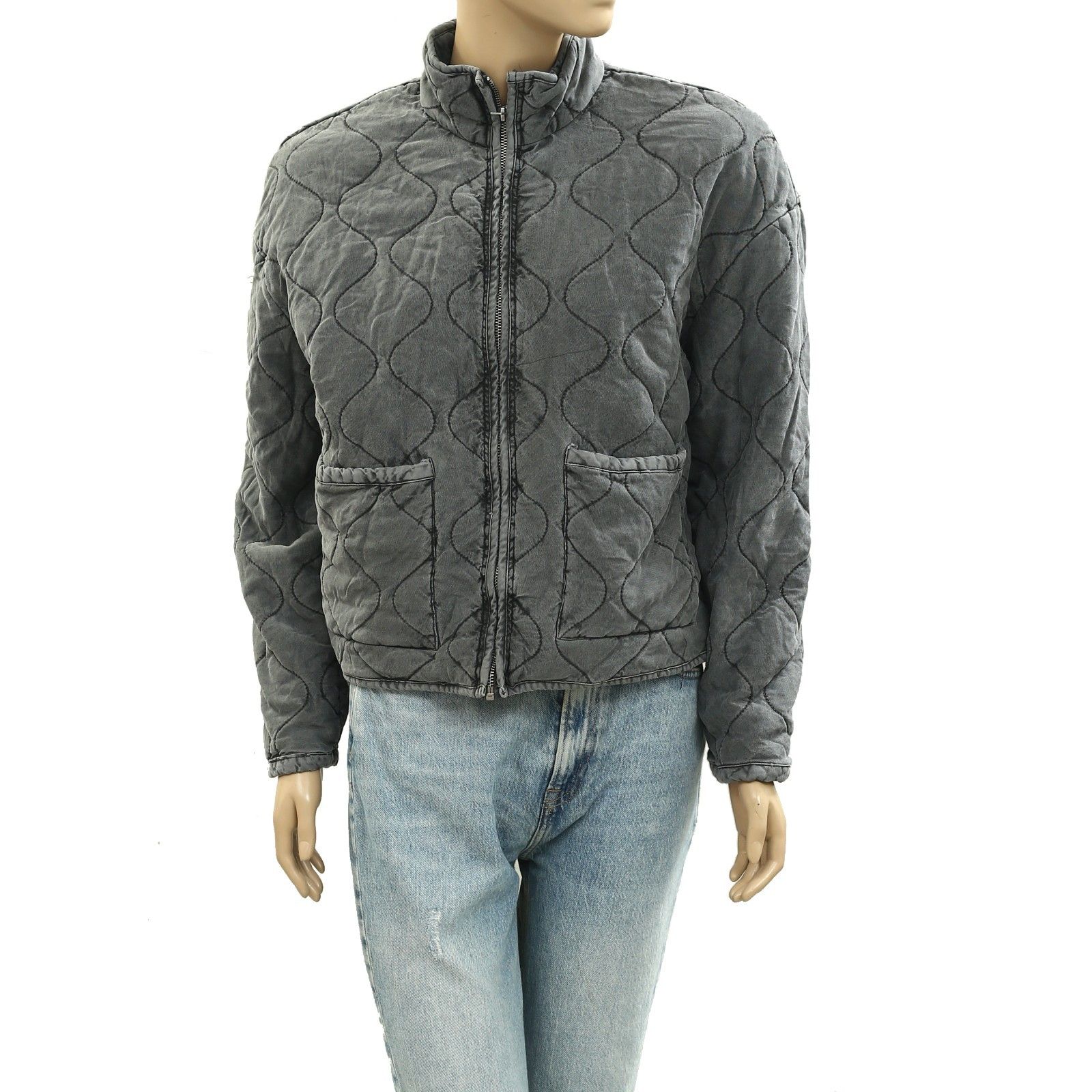 Green Coast Wavy Quilted Cropped Jacket Top Zip-Up Outerwear Gray S New 284186